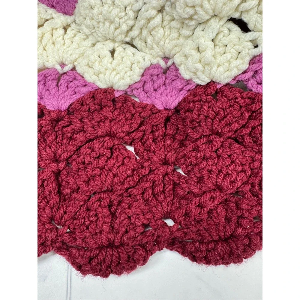 Handmade Crochet Shell Stitch Blanket Burgundy Pink Cream Scalloped Throw 60x50